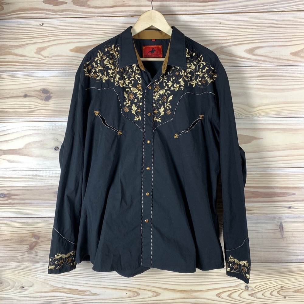 Men's Black Western Button-Down Shirt with Gold Embroidery